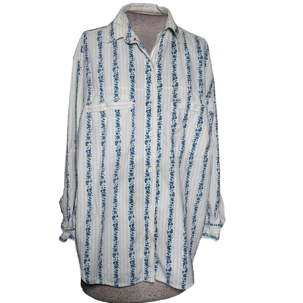 Vintage Cotton Floral Striped Button Front Blouse Size Medium